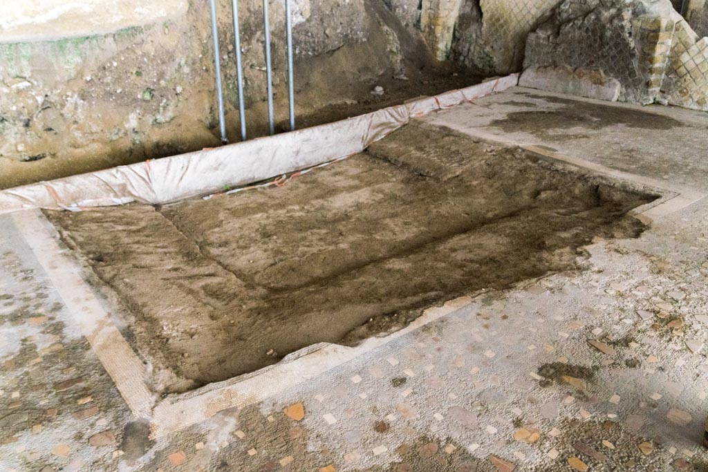 Herculaneum Villa dei Papiri. October 2023. Atrium (c), detail of impluvium. Photo courtesy of Johannes Eber.
During the recent clean-up of the impluvium basin, it has been possible to identify the imprints of the slabs removed at the time of the Bourbon excavation in the mortar bed of the impluvium. There is also evidence of the passage of a Bourbon tunnel, which seems to stop at the northern border of the impluvium.
See Esposito D. and Guidobaldi M., 2010. New Archaeological Research at the Villa of the Papyri, in the Villa of the Papyri at Herculaneum. Berlin: De Gruyter, p. 28.